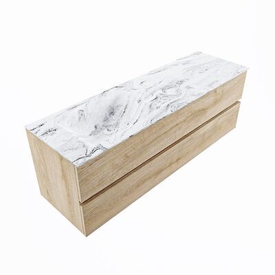 MONDIAZ VICA-DLUX 150cm badmeubel onderkast Washed Oak 2 lades. Inbouw wastafel CLOUD links 1 kraangat, kleur Glace, en spiegel model SPOT