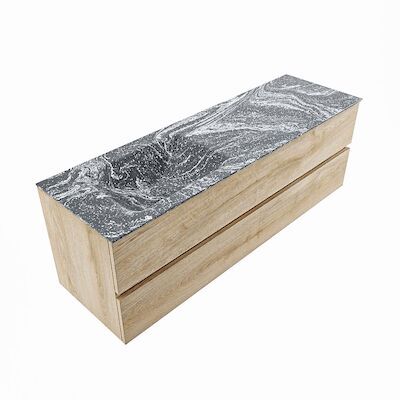 MONDIAZ VICA-DLUX 150cm badmeubel onderkast Washed Oak 2 lades. Inbouw wastafel CLOUD links 1 kraangat, kleur Lava, en spiegel model SPOT