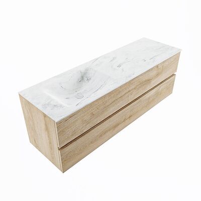 MONDIAZ VICA-DLUX 150cm badmeubel onderkast Washed Oak 2 lades. Inbouw wastafel CLOUD links zonder kraangat, kleur Opalo, en spiegel model SPOT