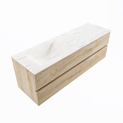 MONDIAZ VICA-DLUX 150cm badmeubel onderkast Washed Oak 2 lades. Inbouw wastafel CLOUD links zonder kraangat, kleur Ostra, en spiegel model SPOT