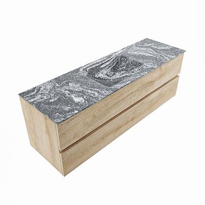 MONDIAZ VICA-DLUX 150cm badmeubel onderkast Washed Oak 2 lades. Inbouw wastafel CLOUD midden 1 kraangat, kleur Lava, en spiegel model SPOT