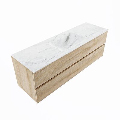 MONDIAZ VICA-DLUX 150cm badmeubel onderkast Washed Oak 2 lades. Inbouw wastafel CLOUD midden zonder kraangat, kleur Opalo, en spiegel model SPOT