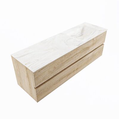MONDIAZ VICA-DLUX 150cm badmeubel onderkast Washed Oak 2 lades. Inbouw wastafel CLOUD rechts 1 kraangat, kleur Ostra, en spiegel model SPOT