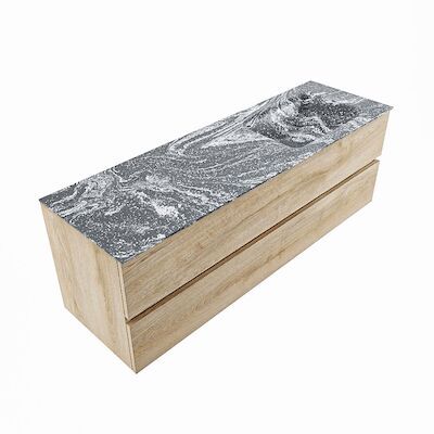 MONDIAZ VICA-DLUX 150cm badmeubel onderkast Washed Oak 2 lades. Inbouw wastafel CLOUD rechts zonder kraangat, kleur Lava, en spiegel model SPOT