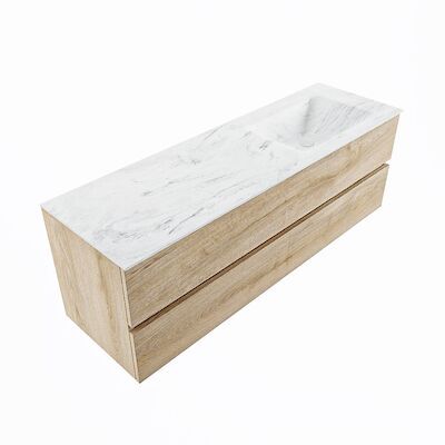 MONDIAZ VICA-DLUX 150cm badmeubel onderkast Washed Oak 2 lades. Inbouw wastafel CLOUD rechts zonder kraangat, kleur Opalo, en spiegel model SPOT