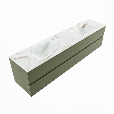 MONDIAZ VICA-DLUX 200cm badmeubel onderkast Army 4 lades. Inbouw wastafel CLOUD dubbel zonder kraangat, kleur Frappe, en spiegel model SPOT