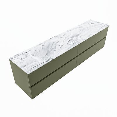 MONDIAZ VICA-DLUX 200cm badmeubel onderkast Army 4 lades. Inbouw wastafel CLOUD links zonder kraangat, kleur Glace, en spiegel model SPOT
