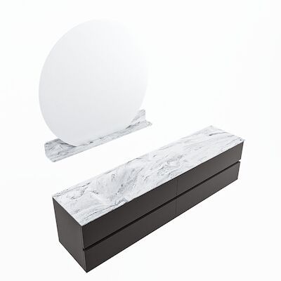 MONDIAZ VICA-DLUX 200cm badmeubel onderkast Dark grey 4 lades. Inbouw wastafel CLOUD links 1 kraangat, kleur Glace, en spiegel model SPOT