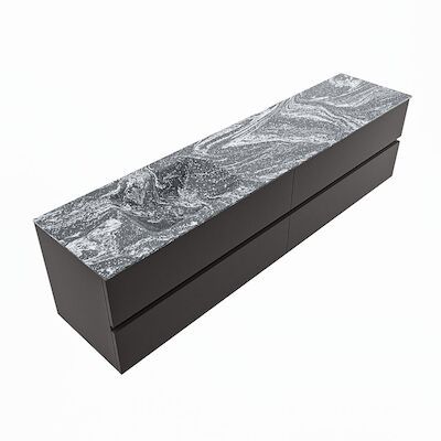 MONDIAZ VICA-DLUX 200cm badmeubel onderkast Dark grey 4 lades. Inbouw wastafel CLOUD links 1 kraangat, kleur Lava, en spiegel model SPOT