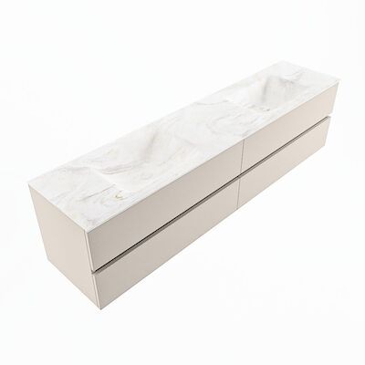 MONDIAZ VICA-DLUX 200cm badmeubel onderkast Linen 4 lades. Inbouw wastafel CLOUD dubbel zonder kraangat, kleur Ostra, en spiegel model SPOT