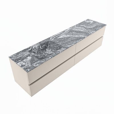 MONDIAZ VICA-DLUX 200cm badmeubel onderkast Linen 4 lades. Inbouw wastafel CLOUD links zonder kraangat, kleur Lava, en spiegel model SPOT