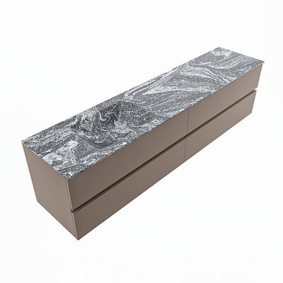 MONDIAZ VICA-DLUX 200cm badmeubel onderkast Smoke 4 lades. Inbouw wastafel CLOUD links 1 kraangat, kleur Lava, en spiegel model SPOT