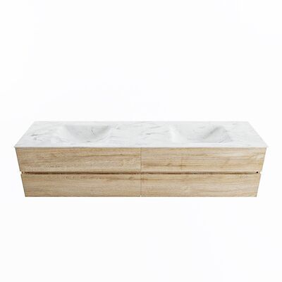 MONDIAZ VICA-DLUX 200cm badmeubel onderkast Washed Oak 4 lades. Inbouw wastafel CLOUD dubbel 2 kraangaten, kleur Opalo.