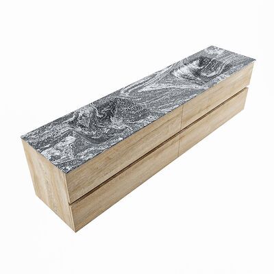 MONDIAZ VICA-DLUX 200cm badmeubel onderkast Washed Oak 4 lades. Inbouw wastafel CLOUD dubbel zonder kraangat, kleur Lava, en spiegel model SPOT