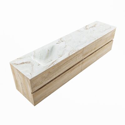 MONDIAZ VICA-DLUX 200cm badmeubel onderkast Washed Oak 4 lades. Inbouw wastafel CLOUD links 1 kraangat, kleur Frappe, en spiegel model SPOT