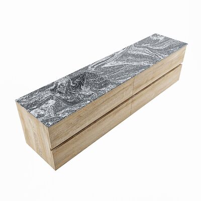 MONDIAZ VICA-DLUX 200cm badmeubel onderkast Washed Oak 4 lades. Inbouw wastafel CLOUD links zonder kraangat, kleur Lava, en spiegel model SPOT