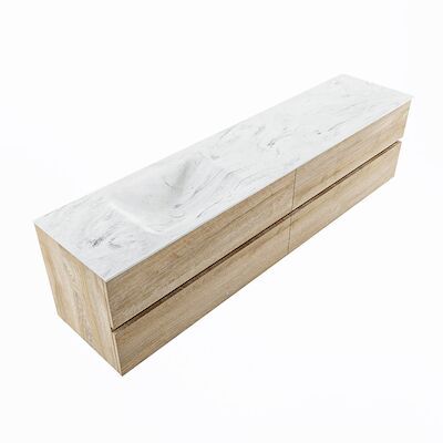 MONDIAZ VICA-DLUX 200cm badmeubel onderkast Washed Oak 4 lades. Inbouw wastafel CLOUD links zonder kraangat, kleur Opalo, en spiegel model SPOT