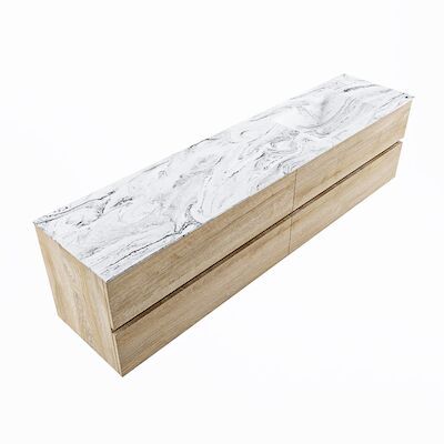 MONDIAZ VICA-DLUX 200cm badmeubel onderkast Washed Oak 4 lades. Inbouw wastafel CLOUD rechts 1 kraangat, kleur Glace, en spiegel model SPOT