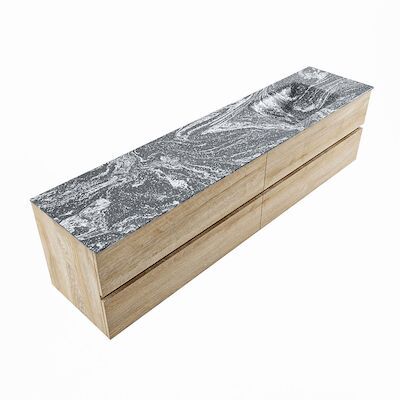 MONDIAZ VICA-DLUX 200cm badmeubel onderkast Washed Oak 4 lades. Inbouw wastafel CLOUD rechts zonder kraangat, kleur Lava, en spiegel model SPOT