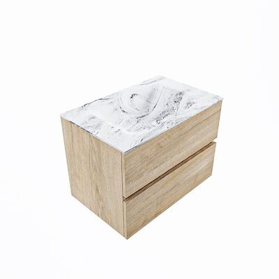 MONDIAZ VICA-DLUX 70cm badmeubel onderkast Washed Oak 2 lades. Inbouw wastafel CLOUD midden 1 kraangat, kleur Glace, en spiegel model SPOT