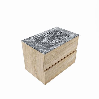 MONDIAZ VICA-DLUX 70cm badmeubel onderkast Washed Oak 2 lades. Inbouw wastafel CLOUD midden 1 kraangat, kleur Lava, en spiegel model SPOT