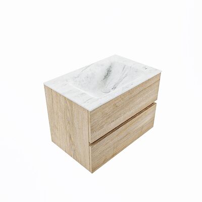 MONDIAZ VICA-DLUX 70cm badmeubel onderkast Washed Oak 2 lades. Inbouw wastafel CLOUD midden 1 kraangat, kleur Opalo, en spiegel model SPOT