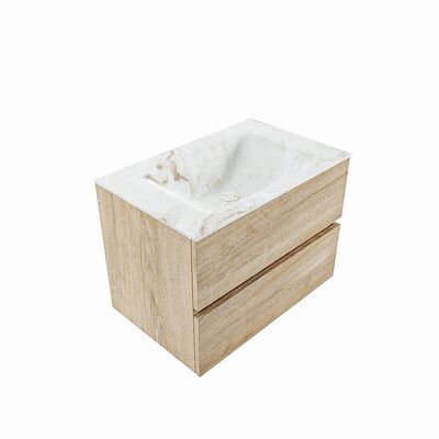 MONDIAZ VICA-DLUX 70cm badmeubel onderkast Washed Oak 2 lades. Inbouw wastafel CLOUD midden zonder kraangat, kleur Frappe, en spiegel model SPOT