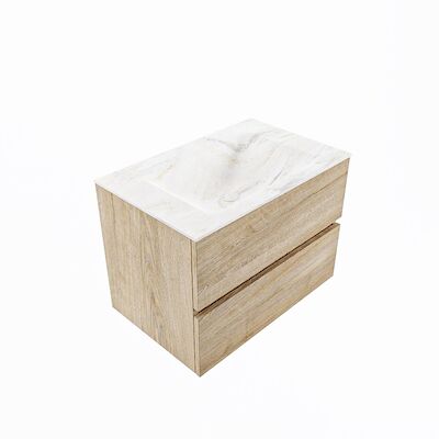 MONDIAZ VICA-DLUX 70cm badmeubel onderkast Washed Oak 2 lades. Inbouw wastafel CLOUD midden zonder kraangat, kleur Ostra, en spiegel model SPOT