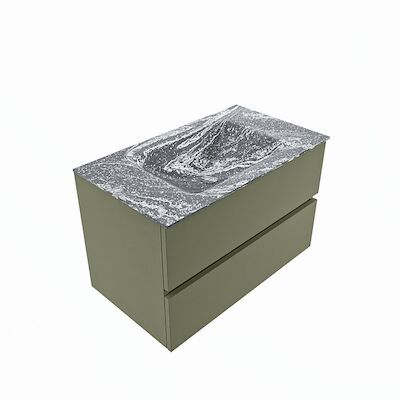 MONDIAZ VICA-DLUX 80cm badmeubel onderkast Army 2 lades. Inbouw wastafel CLOUD midden 1 kraangat, kleur Lava, en spiegel model SPOT
