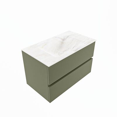 MONDIAZ VICA-DLUX 80cm badmeubel onderkast Army 2 lades. Inbouw wastafel CLOUD midden 1 kraangat, kleur Ostra, en spiegel model SPOT