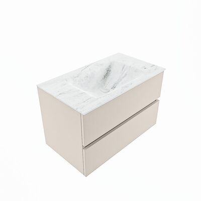 MONDIAZ VICA-DLUX 80cm badmeubel onderkast Linen 2 lades. Inbouw wastafel CLOUD midden 1 kraangat, kleur Opalo, en spiegel model SPOT