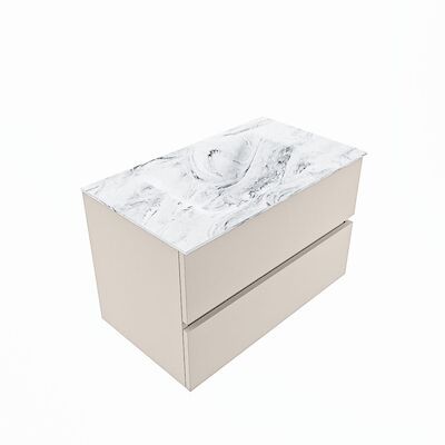 MONDIAZ VICA-DLUX 80cm badmeubel onderkast Linen 2 lades. Inbouw wastafel CLOUD midden zonder kraangat, kleur Glace, en spiegel model SPOT