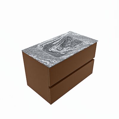 MONDIAZ VICA-DLUX 80cm badmeubel onderkast Rust 2 lades. Inbouw wastafel CLOUD midden 1 kraangat, kleur Lava, en spiegel model SPOT