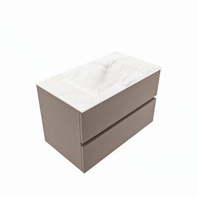 MONDIAZ VICA-DLUX 80cm badmeubel onderkast Smoke 2 lades. Inbouw wastafel CLOUD midden 1 kraangat, kleur Ostra, en spiegel model SPOT