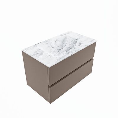 MONDIAZ VICA-DLUX 80cm badmeubel onderkast Smoke 2 lades. Inbouw wastafel CLOUD midden zonder kraangat, kleur Glace, en spiegel model SPOT