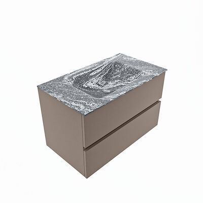 MONDIAZ VICA-DLUX 80cm badmeubel onderkast Smoke 2 lades. Inbouw wastafel CLOUD midden zonder kraangat, kleur Lava, en spiegel model SPOT