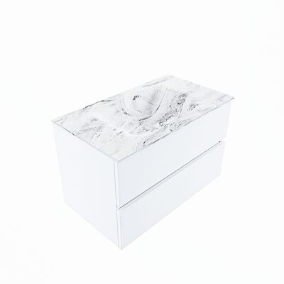 MONDIAZ VICA-DLUX 80cm badmeubel onderkast Talc 2 lades. Inbouw wastafel CLOUD midden zonder kraangat, kleur Glace, en spiegel model SPOT