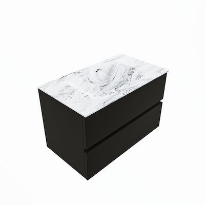 MONDIAZ VICA-DLUX 80cm badmeubel onderkast Urban 2 lades. Inbouw wastafel CLOUD midden zonder kraangat, kleur Glace, en spiegel model SPOT