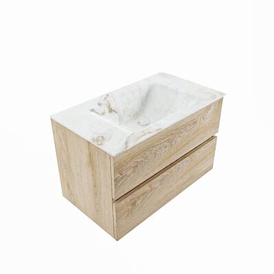 MONDIAZ VICA-DLUX 80cm badmeubel onderkast Washed Oak 2 lades. Inbouw wastafel CLOUD midden zonder kraangat, kleur Frappe, en spiegel model SPOT