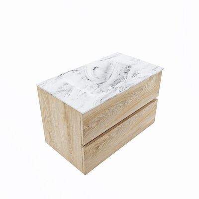 MONDIAZ VICA-DLUX 80cm badmeubel onderkast Washed Oak 2 lades. Inbouw wastafel CLOUD midden zonder kraangat, kleur Glace, en spiegel model SPOT