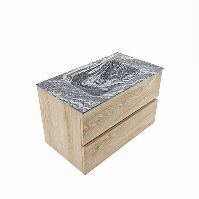 MONDIAZ VICA-DLUX 80cm badmeubel onderkast Washed Oak 2 lades. Inbouw wastafel CLOUD midden zonder kraangat, kleur Lava, en spiegel model SPOT