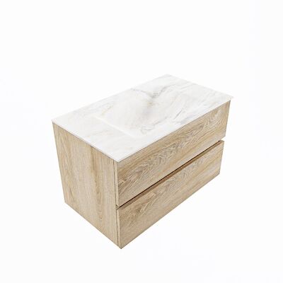 MONDIAZ VICA-DLUX 80cm badmeubel onderkast Washed Oak 2 lades. Inbouw wastafel CLOUD midden zonder kraangat, kleur Ostra, en spiegel model SPOT