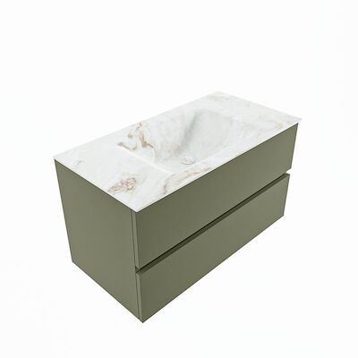 MONDIAZ VICA-DLUX 90cm badmeubel onderkast Army 2 lades. Inbouw wastafel CLOUD midden 1 kraangat, kleur Frappe, en spiegel model SPOT