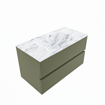 MONDIAZ VICA-DLUX 90cm badmeubel onderkast Army 2 lades. Inbouw wastafel CLOUD midden 1 kraangat, kleur Glace, en spiegel model SPOT