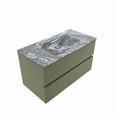 MONDIAZ VICA-DLUX 90cm badmeubel onderkast Army 2 lades. Inbouw wastafel CLOUD midden 1 kraangat, kleur Lava, en spiegel model SPOT