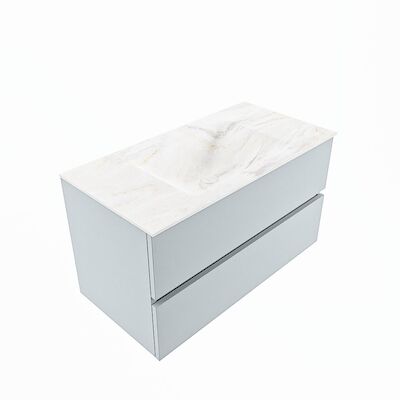 MONDIAZ VICA-DLUX 90cm badmeubel onderkast Clay 2 lades. Inbouw wastafel CLOUD midden 1 kraangat, kleur Ostra, en spiegel model SPOT