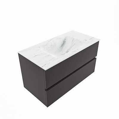 MONDIAZ VICA-DLUX 90cm badmeubel onderkast Dark grey 2 lades. Inbouw wastafel CLOUD midden 1 kraangat, kleur Opalo, en spiegel model SPOT