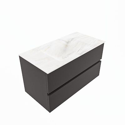 MONDIAZ VICA-DLUX 90cm badmeubel onderkast Dark grey 2 lades. Inbouw wastafel CLOUD midden 1 kraangat, kleur Ostra, en spiegel model SPOT