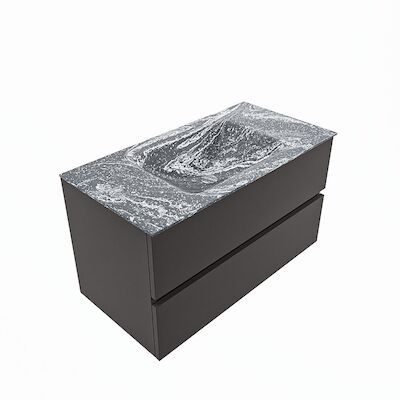 MONDIAZ VICA-DLUX 90cm badmeubel onderkast Dark grey 2 lades. Inbouw wastafel CLOUD midden zonder kraangat, kleur Lava, en spiegel model SPOT