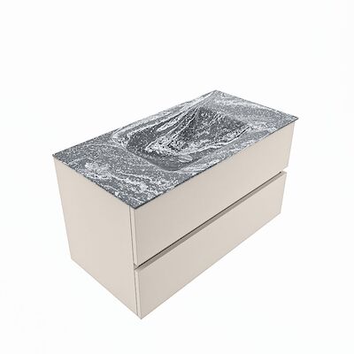 MONDIAZ VICA-DLUX 90cm badmeubel onderkast Linen 2 lades. Inbouw wastafel CLOUD midden 1 kraangat, kleur Lava, en spiegel model SPOT